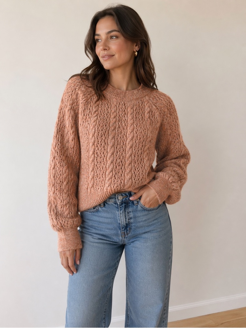 MNG Women's Salmon Pink Pattern Knit Alpaca Wool Blend Sweater Size Small
